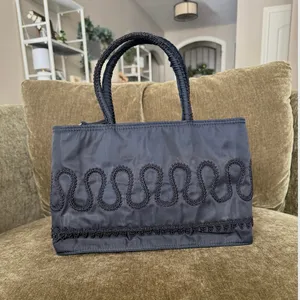 Rare Vintage Prada Nylon Embroidered Tote, Navy thumbnail 2