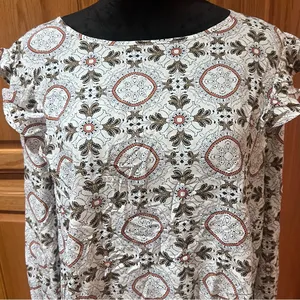LOFT Medallion Print Ruffle Shoulder Bubble‎ Hem Long Sleeve Blouse Top Size XL thumbnail 2