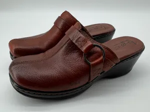 b.o.c. Born Concept Leather Clogs 7 Brown Wedge Mules Earthy‎ Granola Lagenlook thumbnail 1