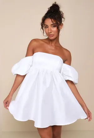 Lulus Sweet Vision White Taffeta Off-the-Shoulder Babydoll Mini Dress Medium thumbnail 1
