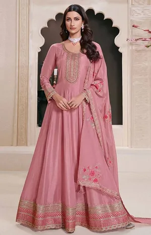 Pink Embroidered Art Silk Anarkali Set With Dupatta thumbnail 1