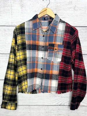 Jolie & Joy Patchwork Plaid Cut Off Button Up Shirt Jacket Shacket Size Large Yellow thumbnail 11