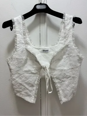 Rumored Vineyard Haven White Eyelet Lace-Trim Tie-Front Crop Top Medium thumbnail 3