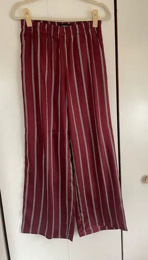 Express Burgundy and Cream Striped Wide-Leg Pants thumbnail 1