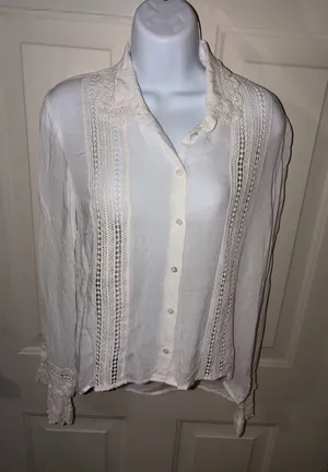 The Kooples White Collared LS Crochet Lace Trim Button Up Blouse Top Size 1 thumbnail 1