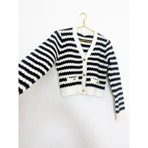 Anthropologie Line + Dot Laurel Cropped Knit Cardigan Size Small Black Striped thumbnail 12