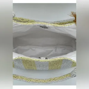 NWT~Striped Beaded Yellow & White Tote Hand Bag thumbnail 4