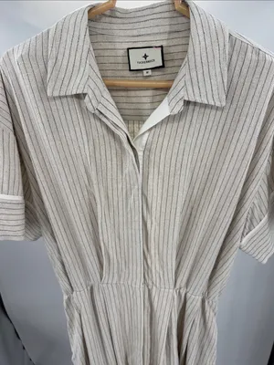 Tuckernuck Cream Black Striped Midi shirt dress linen blend classic neutral M thumbnail 3