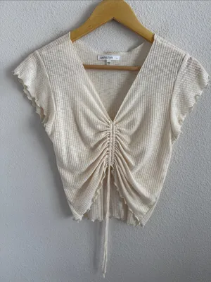 Antistar Cream Ruched V-Neck Short Sleeve Women's Top Large thumbnail 1