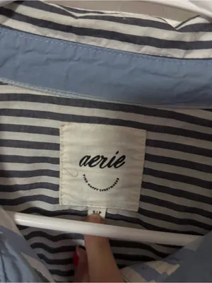 aerie Blue and White Patchwork Stripe Button-Up Shirt thumbnail 3