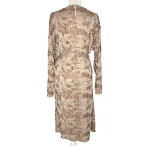 Zara Midi Dress Sz Large Long Mock Neck Party Career Belt Neutral Floral Stretch thumbnail 6