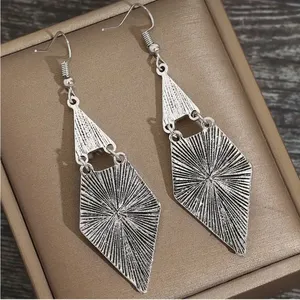 Carved Geometric Shape With Turquoise Decor Dangle Earrings Retro Bohemian Style thumbnail 12