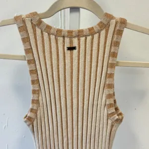Ghanda Boutique Ribbed Knit Mini Dress Tan Cream Striped Bodycon Sleeveless Sm thumbnail 5