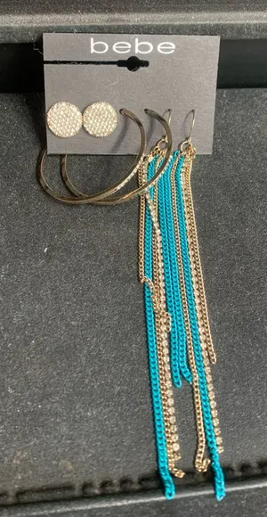bebe Boho Retro Earring Set Hoop Studs Dangle Blue and Silver with Crystals New thumbnail 1