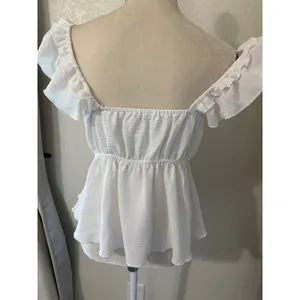 Timing White Flutter Sleeve Peplum Top‎ V-Neck Smocked Back Blouse thumbnail 4