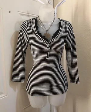 Bella swan Y2K Black white striped henley top shirt blouse long sleeve ruffle trim-S #goth #punk #grunge #whimsygoth #cottagecore Measurement in pics Great condition thumbnail 6