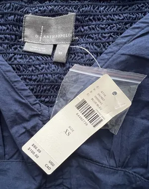 Anthropologie NWT Navy Blue Blouse Sz XS Cotton Sweetheart Neck 3/4 Puff Sleeve thumbnail 6