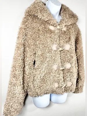 Galita Cozy Khaki Teddy Toggle Jacket with Hood Size Small Tan thumbnail 6
