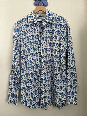 Roller Rabbit XL PJ Monkey Button Up Long Sleeve Shirt Blue Cotton Lounge White thumbnail 2
