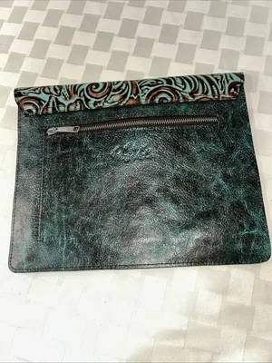 Patricia Nash Turquoise & Brown Tooled Leather Envelope Clutch thumbnail 2