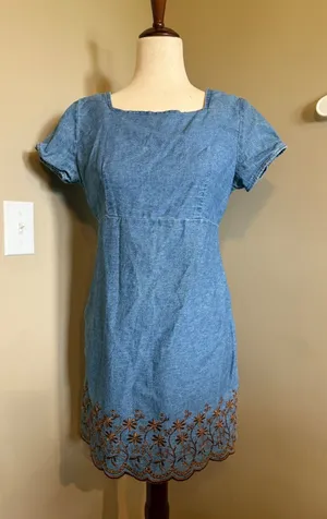 California Concepts Blue Denim‎ Embroidered Square Neck Short Sleeve Mini Dress thumbnail 1