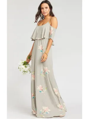 Show Me Your Mumu Caitlin Gray Floral Ruffle Cold Shoulder Maxi Dress S NWT thumbnail 2