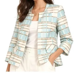 Pendleton Silk Blend Blazer Jacket 4 Blue Tan White Plaid Open Preppy‎ Summer thumbnail 1