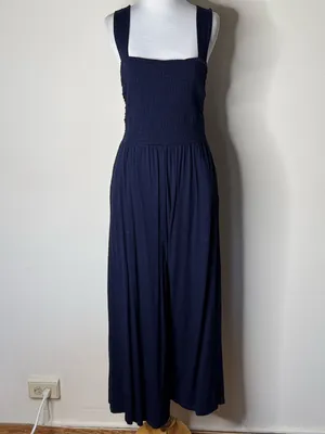 LOFT Navy Smocked Wide Leg Jumpsuit thumbnail 2