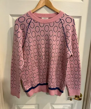 Pink Crewneck Sweater with Navy Polka Detail thumbnail 1