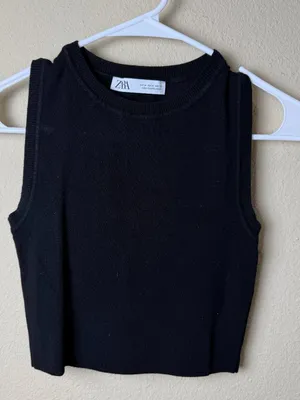 ZARA Ribbed Knit High Neck Sleeveless Sweater Tank Top Size Medium Black thumbnail 3