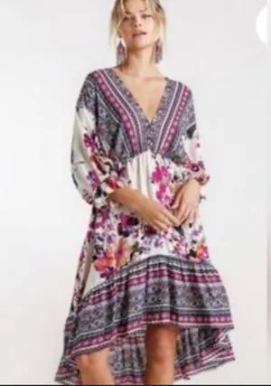 Umgee High Low Hem V Neck Floral and Paisley print balloon sleeves boho thumbnail 1