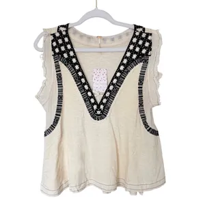 Free People Ecru Combo Embroidered V-Neck Tiered Boho Top Size Extra Small NEW thumbnail 3