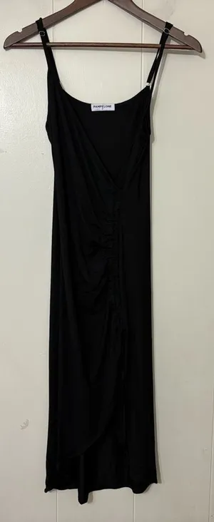 Pampelone Black Ruched Midi Dress Wrap Draped Spaghetti Strap Size M thumbnail 4