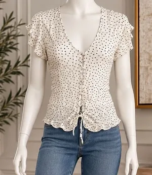 Rails Womens Blouse Heart Print Peplum Ruffle Sleeve White Extra Small thumbnail 1