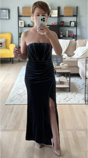 Azazie strapless blue / grey velvet dress with adjustable straps thumbnail 1