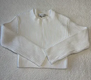 English Factory white Minimalist Cropped Ribbed Knit Sweater Medium 100% Cotton thumbnail 2