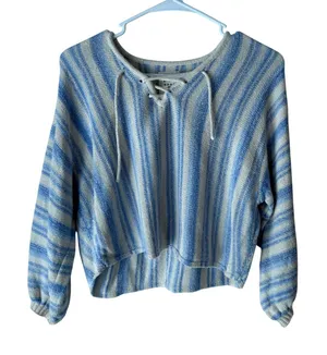 Billabong Striped Lace Up Knit Sweater Pullover Women M Blue Cream‎ Surfer Beach thumbnail 1