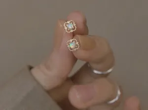 18K Gold Plated Hollow Mini Small Opal Stud Earrings for Women thumbnail 1