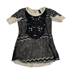 BKE Boutique Womens Small Black Lace Beaded Crochet‎ Bib Short Sleeve Top Cream thumbnail 1