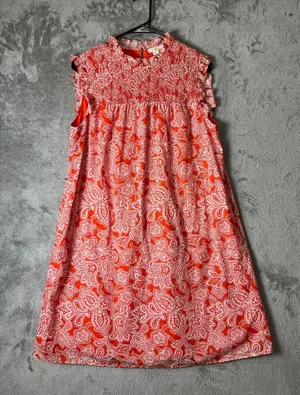 Boden Sleeveless Smocked Mini Dress Orange White Paisley Tie Waist Cottagecore 8 thumbnail 1