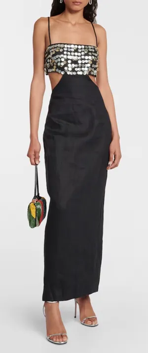 NEW NWT STAUD Jada Embellished Cutout Linen Maxi Dress In Black thumbnail 1