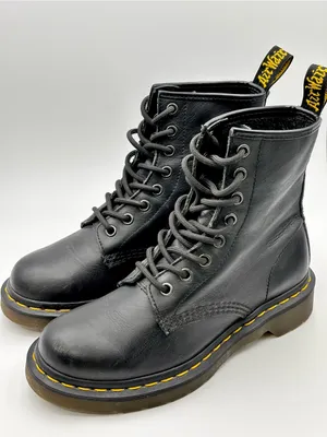 Dr. Martens Black Leather 8-Eye Lace-Up Boots with Yellow Stitching thumbnail 1