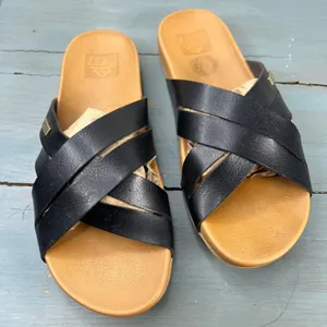 Reef Horizon X Slide Sandals Womens 6 Black Tan Crisscross Straps C-21 ICC thumbnail 3