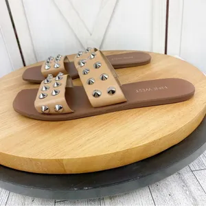 Nine West Brynli3 Studded Dual Strap Slide Sandals‎ Tan Silver 7 thumbnail 3