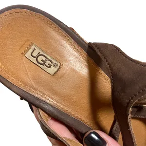 UGG Women’s Brown Leather T-Strap Woven Detail Wedge Espadrille Sandals Size 9 thumbnail 12
