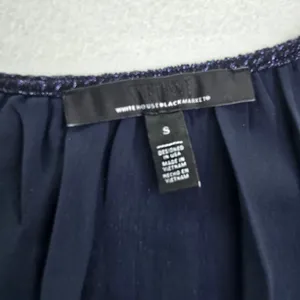 White House Black Market Navy Blue Metallic‎ Pleated Smocked Peplum Blouse Small thumbnail 6