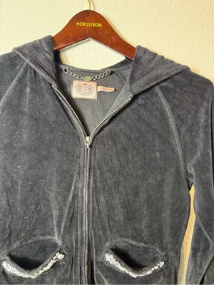 Juicy Couture Y2k black‎ Velour Zip Hoodie Rhinestone Pocket Trim Size S thumbnail 4