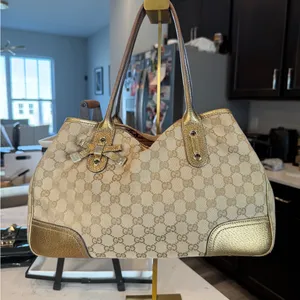 Gucci Beige GG Canvas Shoulder Bag with Gold Metallic Trim thumbnail 1