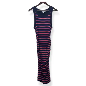Michael Stars Wren Maxi Dress‎ Striped Ruched Side Slit Nautical Coastal Women M thumbnail 2