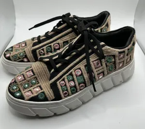 Free People Embroidered Mirror Platform Sneakers Black Tan Green Pink Size 39 thumbnail 1